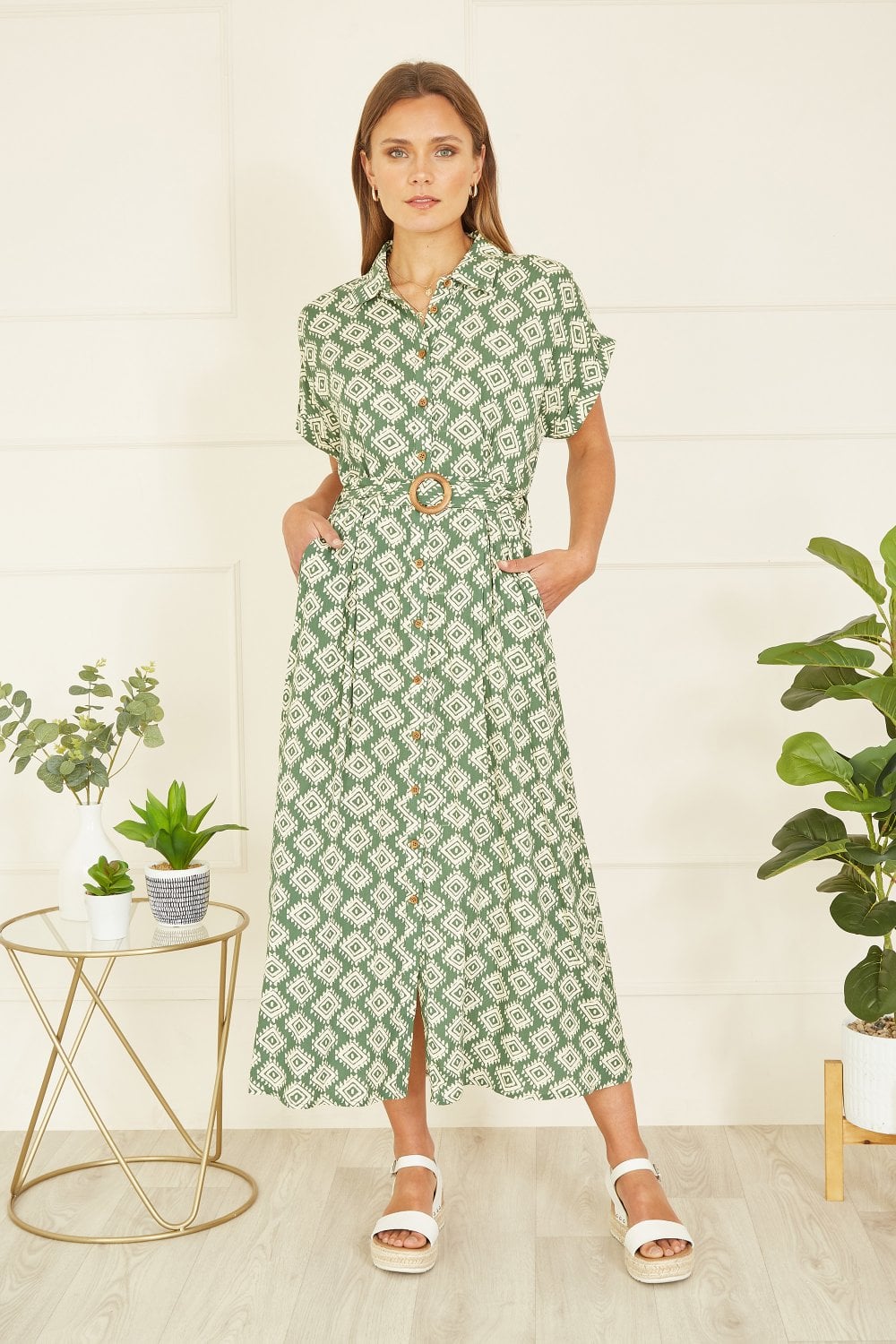 Yumi Green Viscose Midi Shirt Dress With Matching Belt Yumi