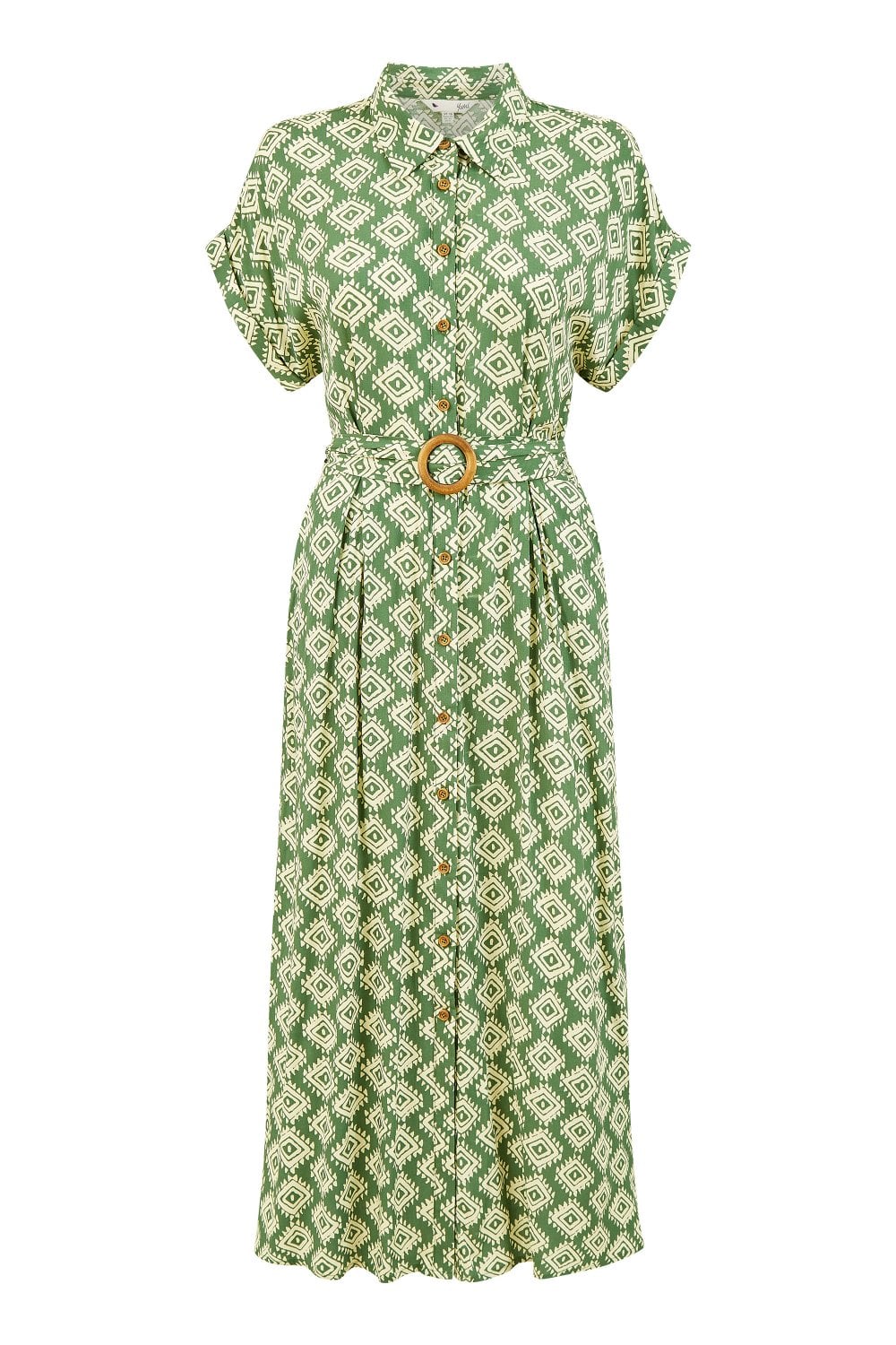 Yumi Green Viscose Midi Shirt Dress With Matching Belt Yumi