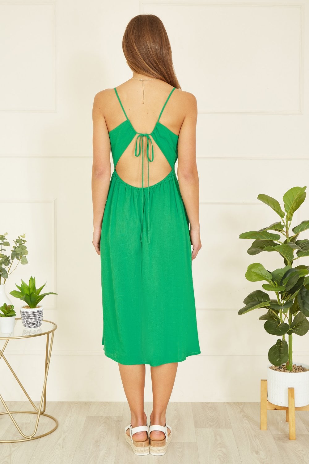 Yumi Green Viscose Tie Back Midi Sun Dress Yumi