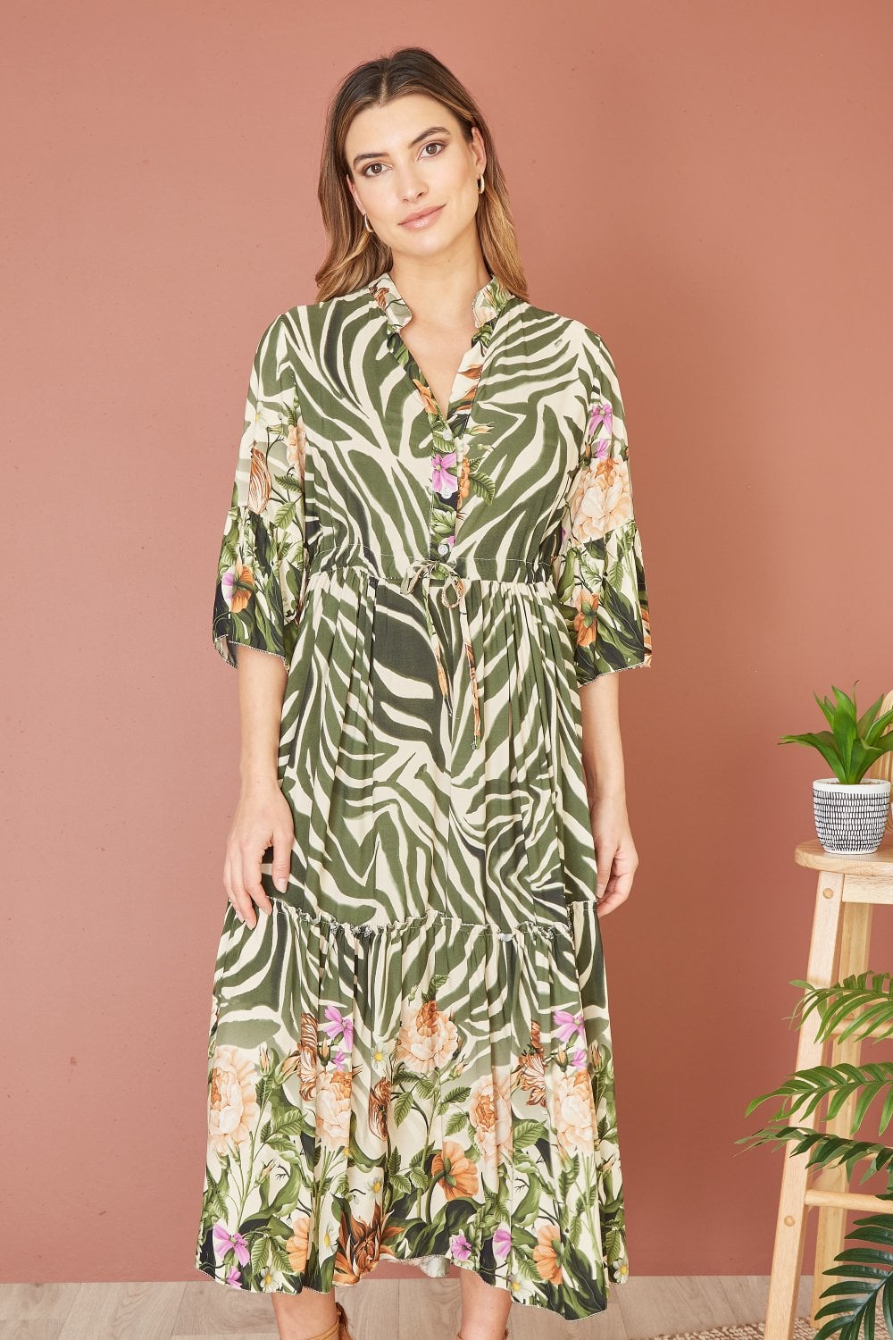 Yumi Green Viscose Zebra And Floral Print Midi Dress Yumi