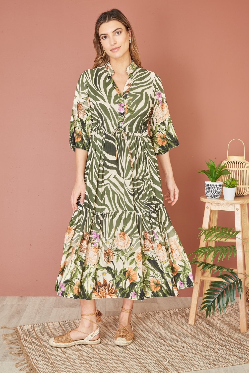 Yumi Green Viscose Zebra And Floral Print Midi Dress Yumi