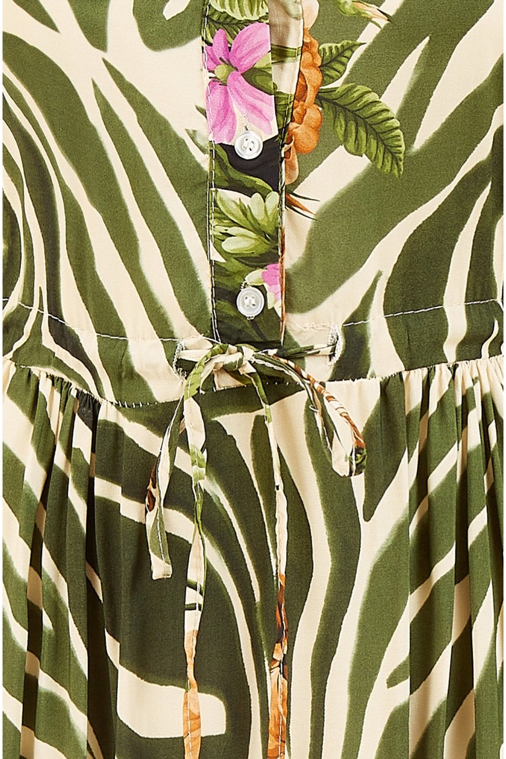 Yumi Green Viscose Zebra And Floral Print Midi Dress Yumi