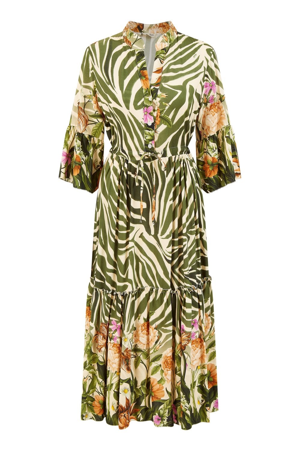 Yumi Green Viscose Zebra And Floral Print Midi Dress Yumi