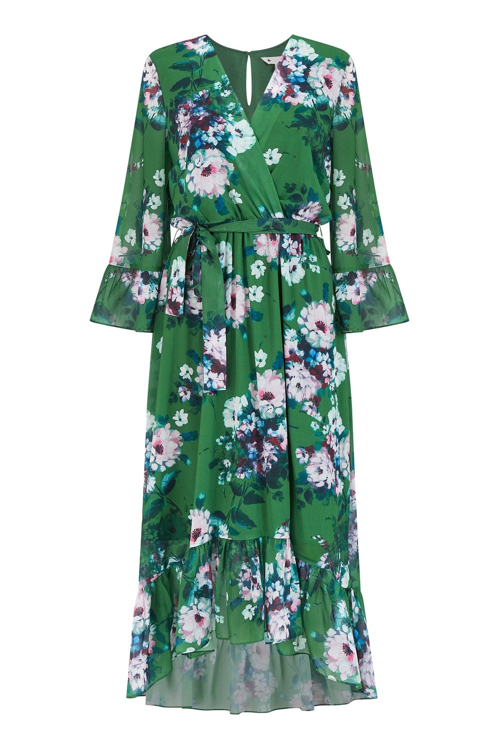 Yumi Green Watercolour Floral Dip Hem Midi Dress Yumi