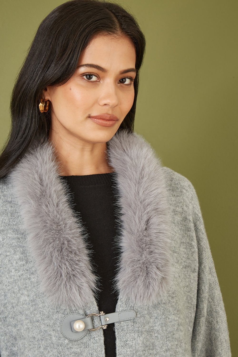 Yumi Grey Cardigan With Detachable Fur Collar Trim Yumi