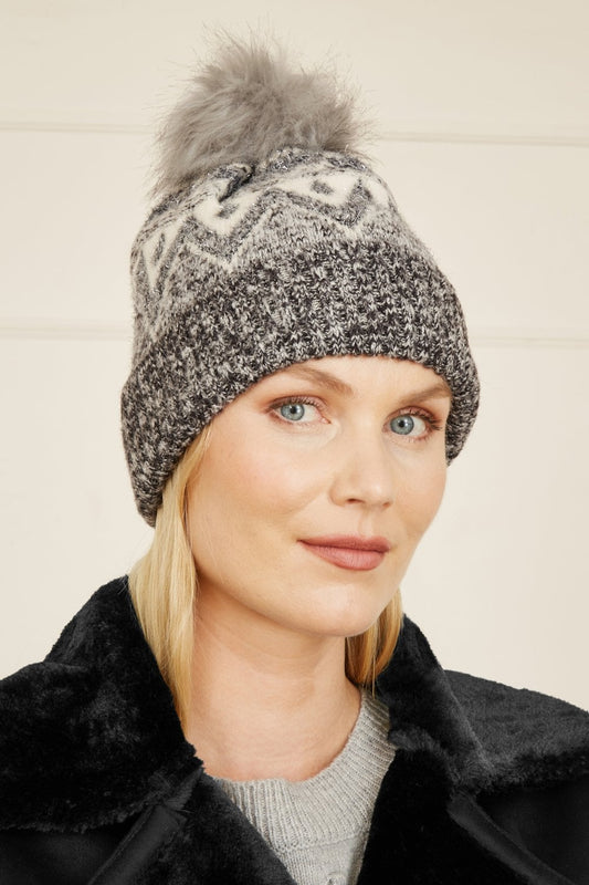 Yumi Grey Fairisle Beanie With Pom Pom Yumi