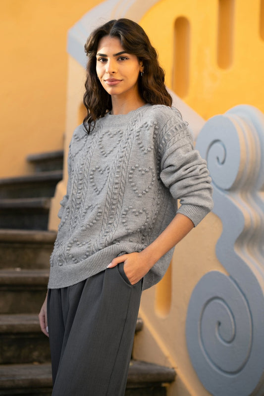 Yumi Grey Heart Knit Relaxed Jumper Yumi