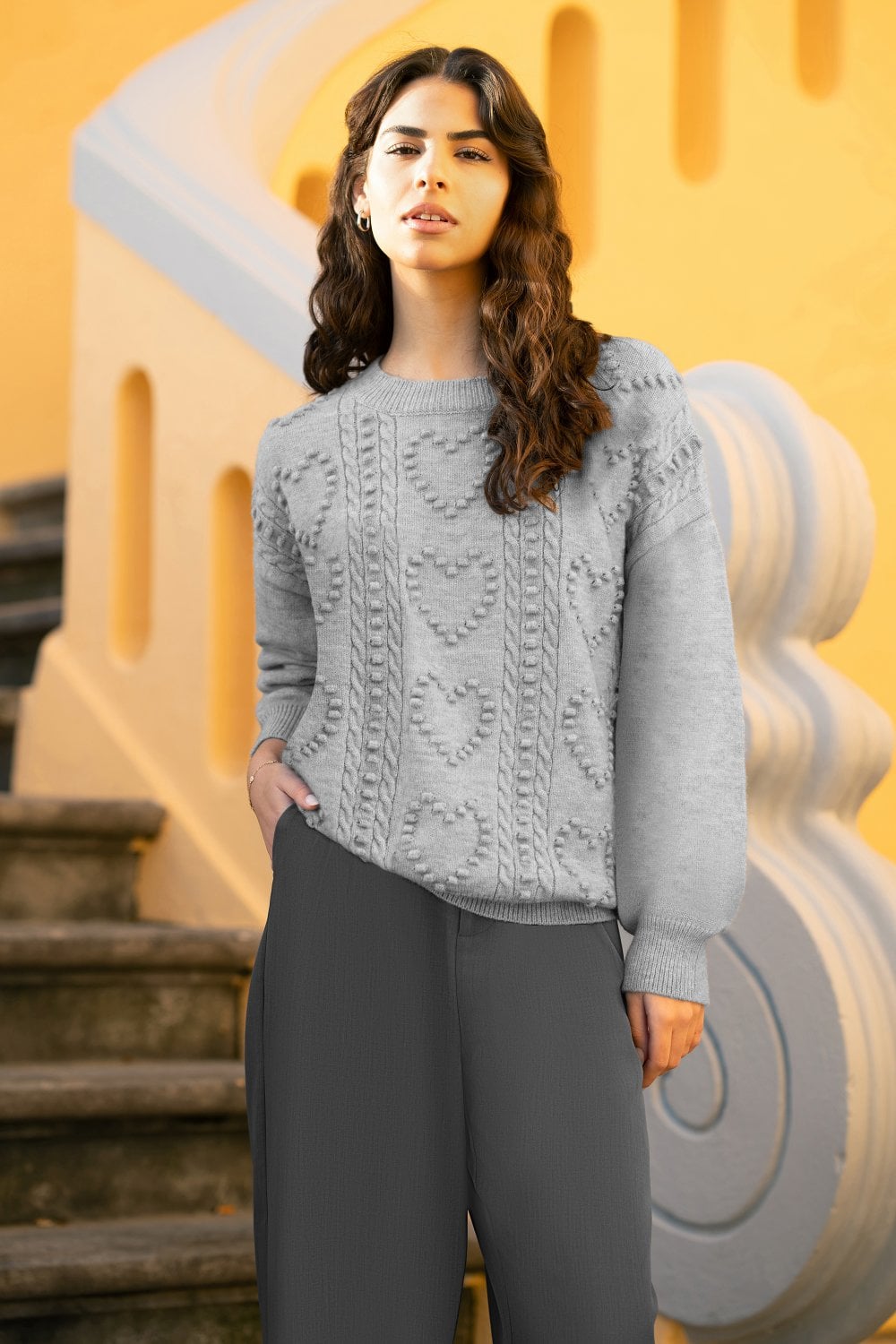 Yumi Grey Heart Knit Relaxed Jumper Yumi