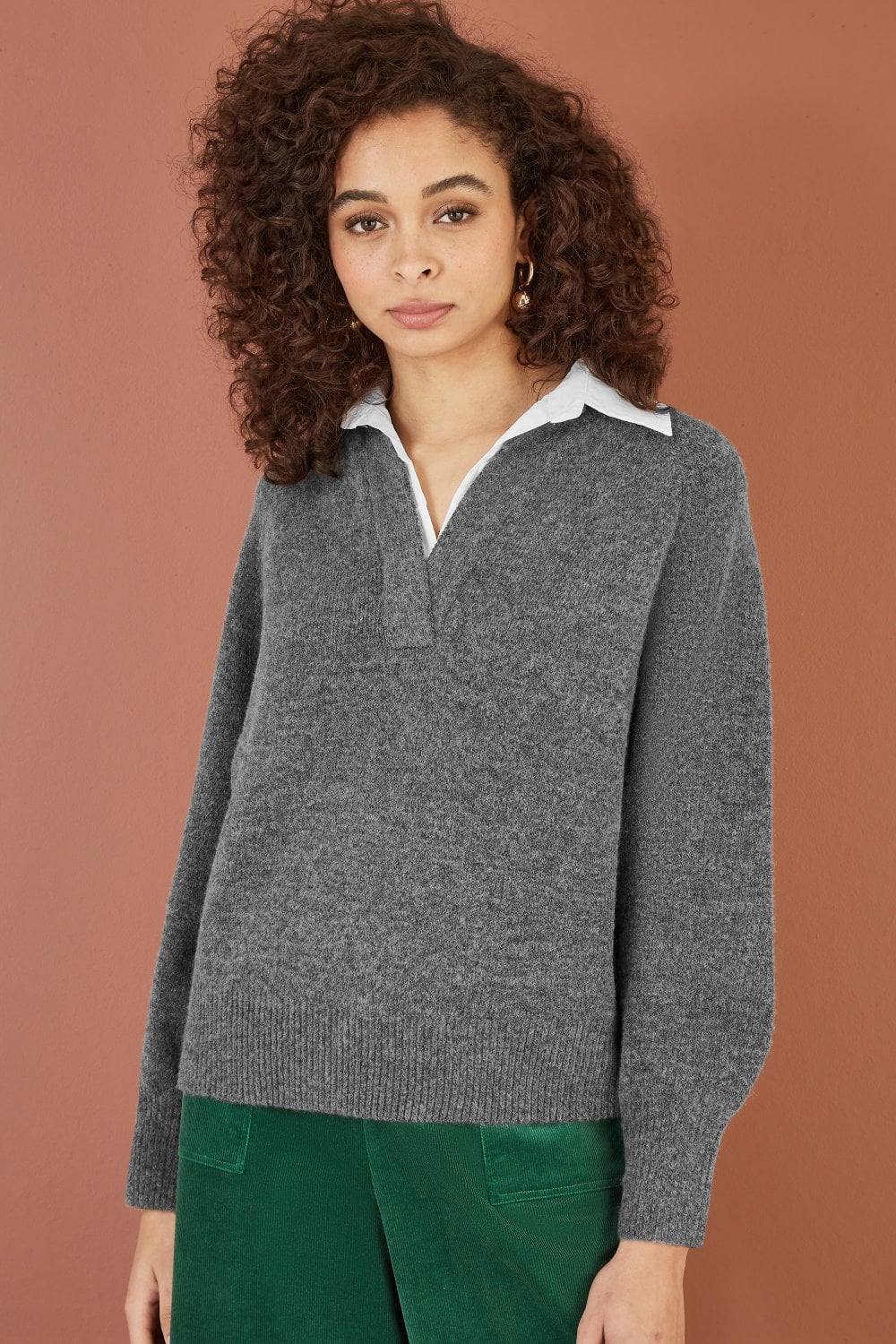 Yumi Grey Knitted Jumper With Collar Detail Yumi