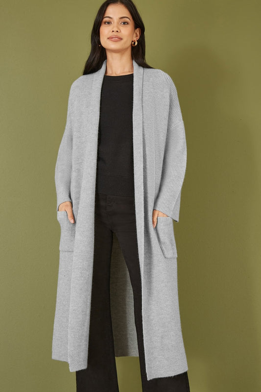 Yumi Grey Knitted Maxi Cardigan With Pockets Yumi