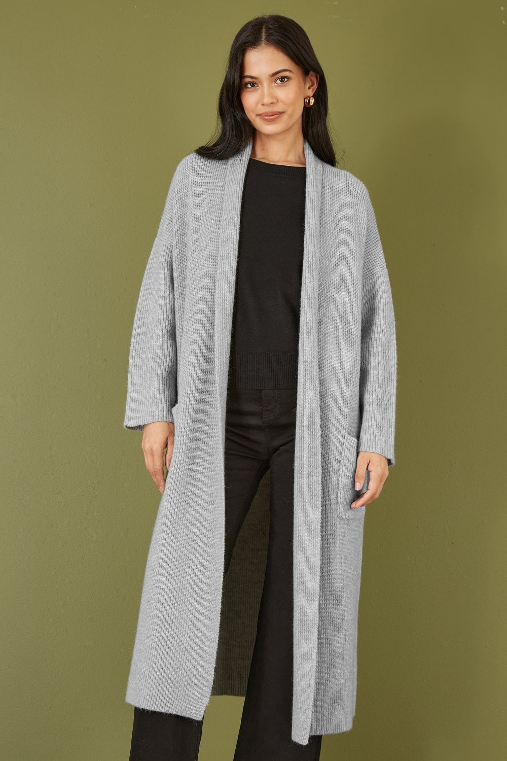 Yumi Grey Knitted Maxi Cardigan With Pockets Yumi