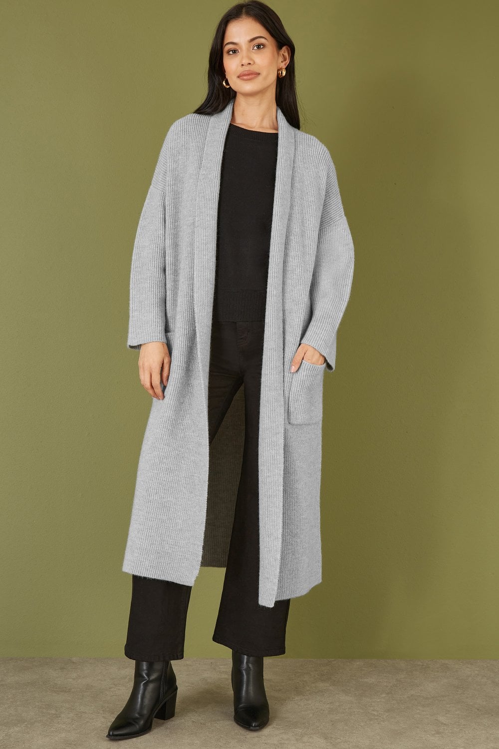 Yumi Grey Knitted Maxi Cardigan With Pockets Yumi