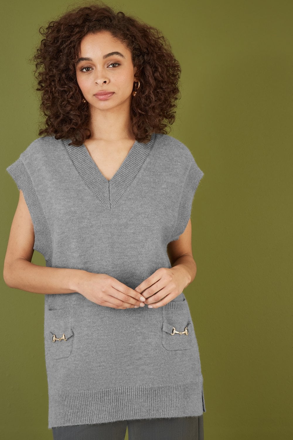 Yumi Grey Knitted Oversize Vest With Pockets And Snaffle Details Yumi