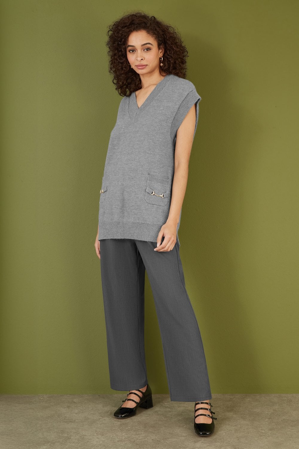 Yumi Grey Knitted Oversize Vest With Pockets And Snaffle Details Yumi