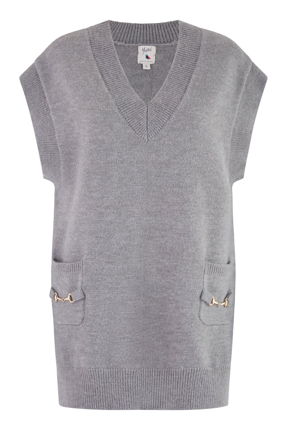 Yumi Grey Knitted Oversize Vest With Pockets And Snaffle Details Yumi