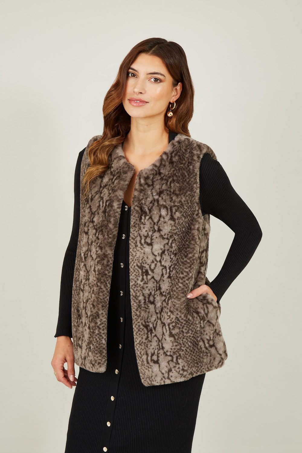 Yumi Grey Snake Print Faux Fur Gilet Yumi