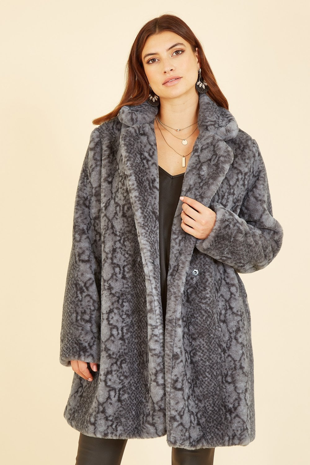 Yumi Grey Snakeskin Print Faux Fur Coat Yumi