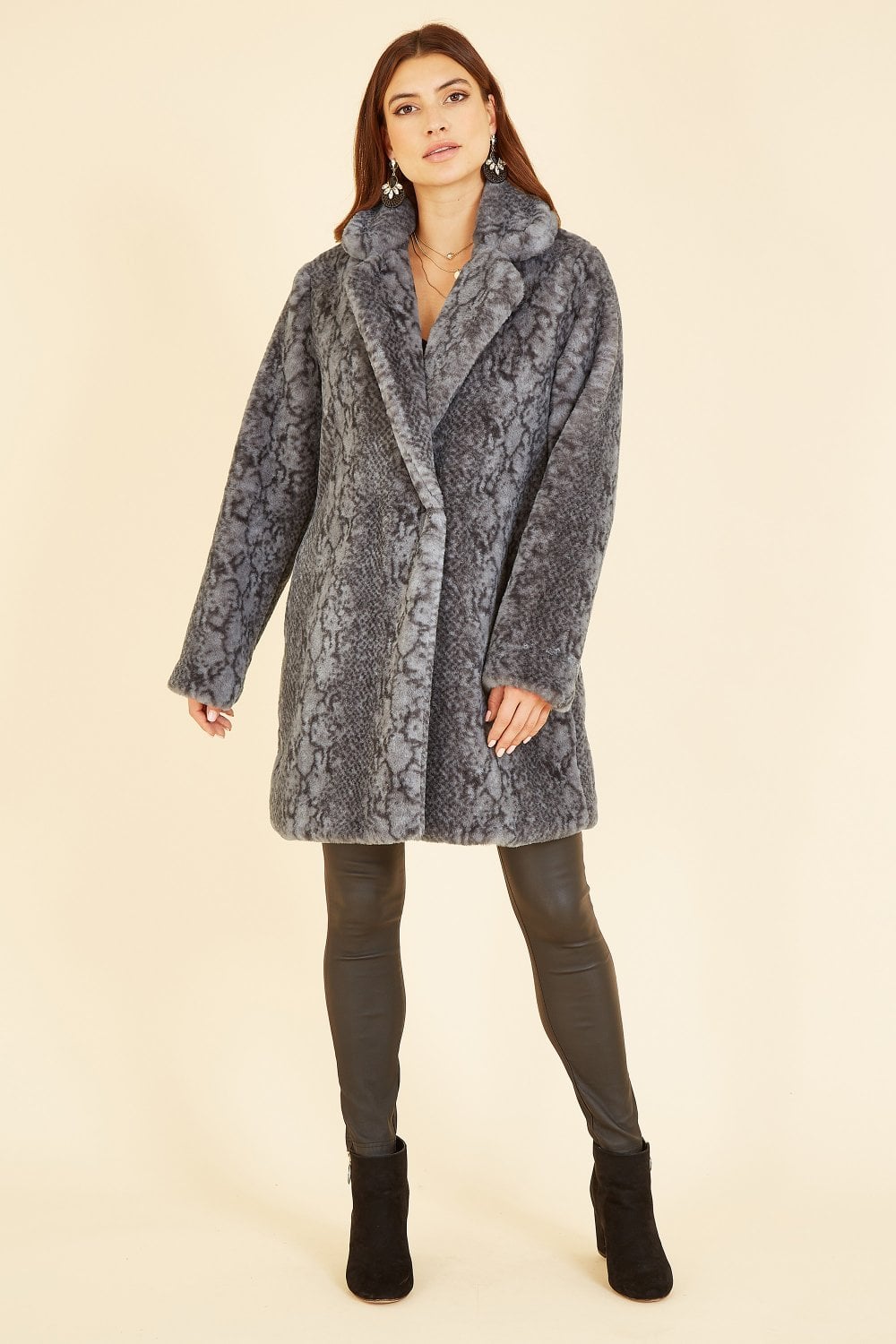 Yumi Grey Snakeskin Print Faux Fur Coat Yumi