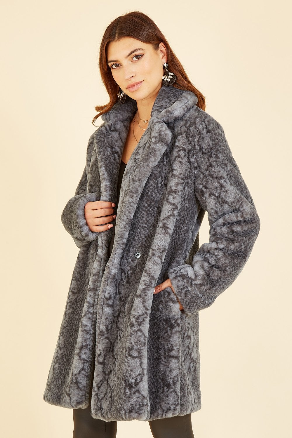 Yumi Grey Snakeskin Print Faux Fur Coat Yumi