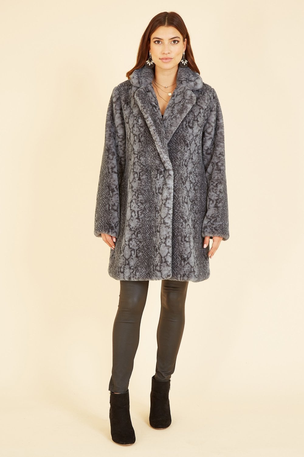 Yumi Grey Snakeskin Print Faux Fur Coat Yumi