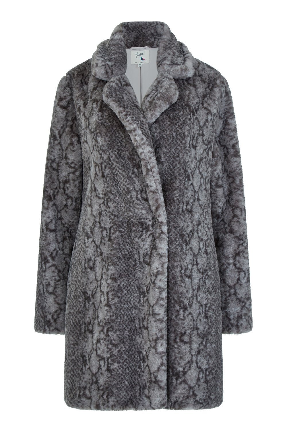 Yumi Grey Snakeskin Print Faux Fur Coat Yumi