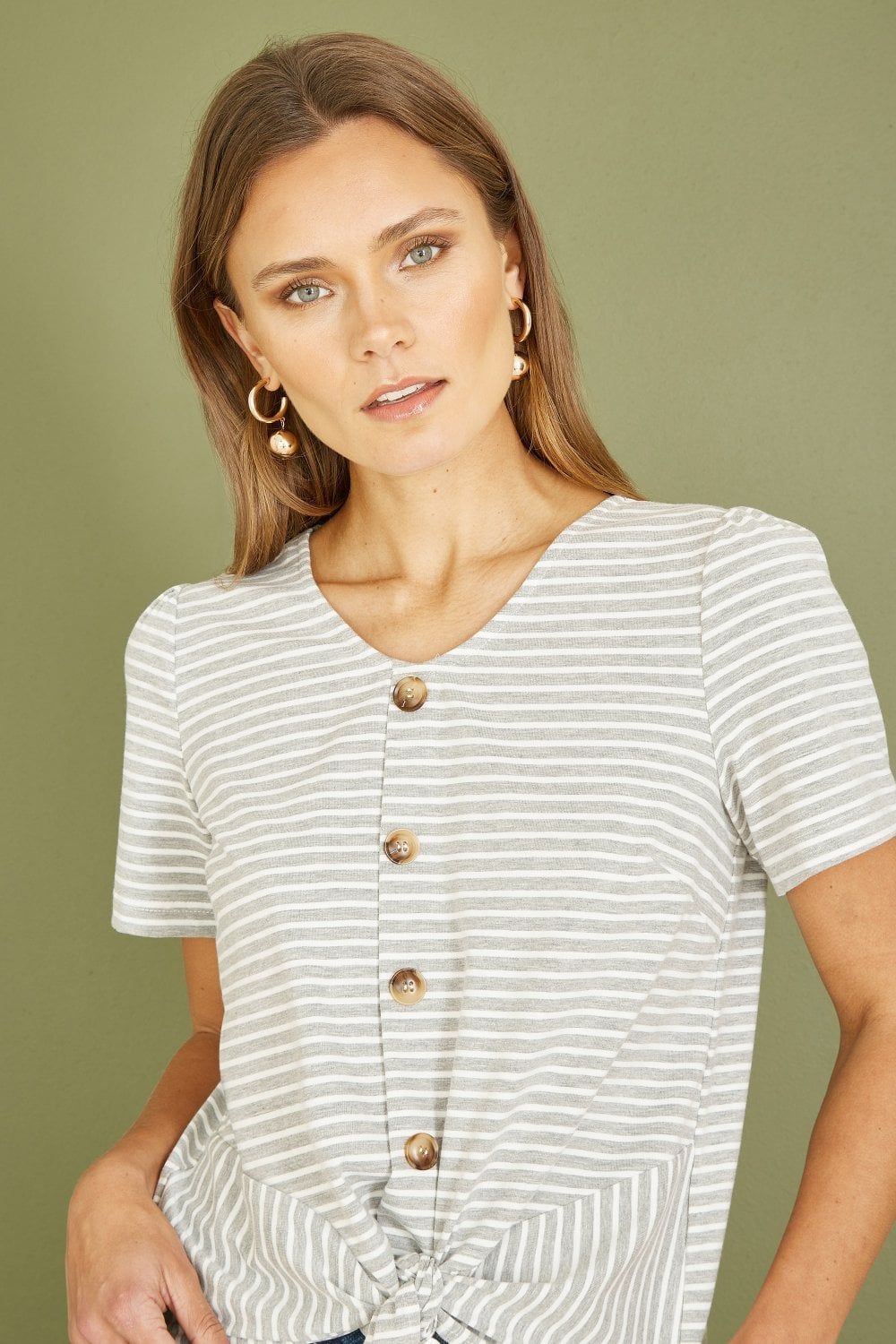 Yumi Grey Striped Jersey Button Detail Top Yumi