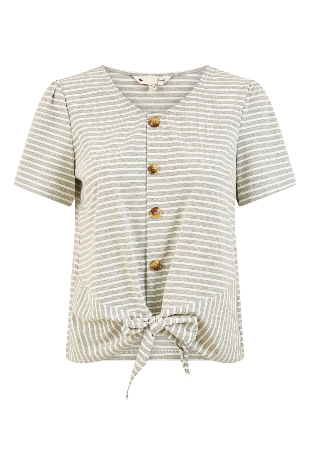 Yumi Grey Striped Jersey Button Detail Top Yumi