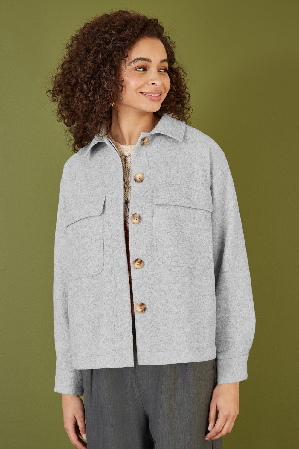 Yumi Grey Woven Shacket With Oversize Pockets Yumi