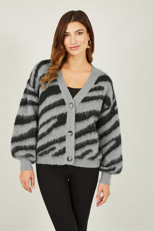 Yumi Grey Zebra Intarsia Button Up Cardigan Yumi