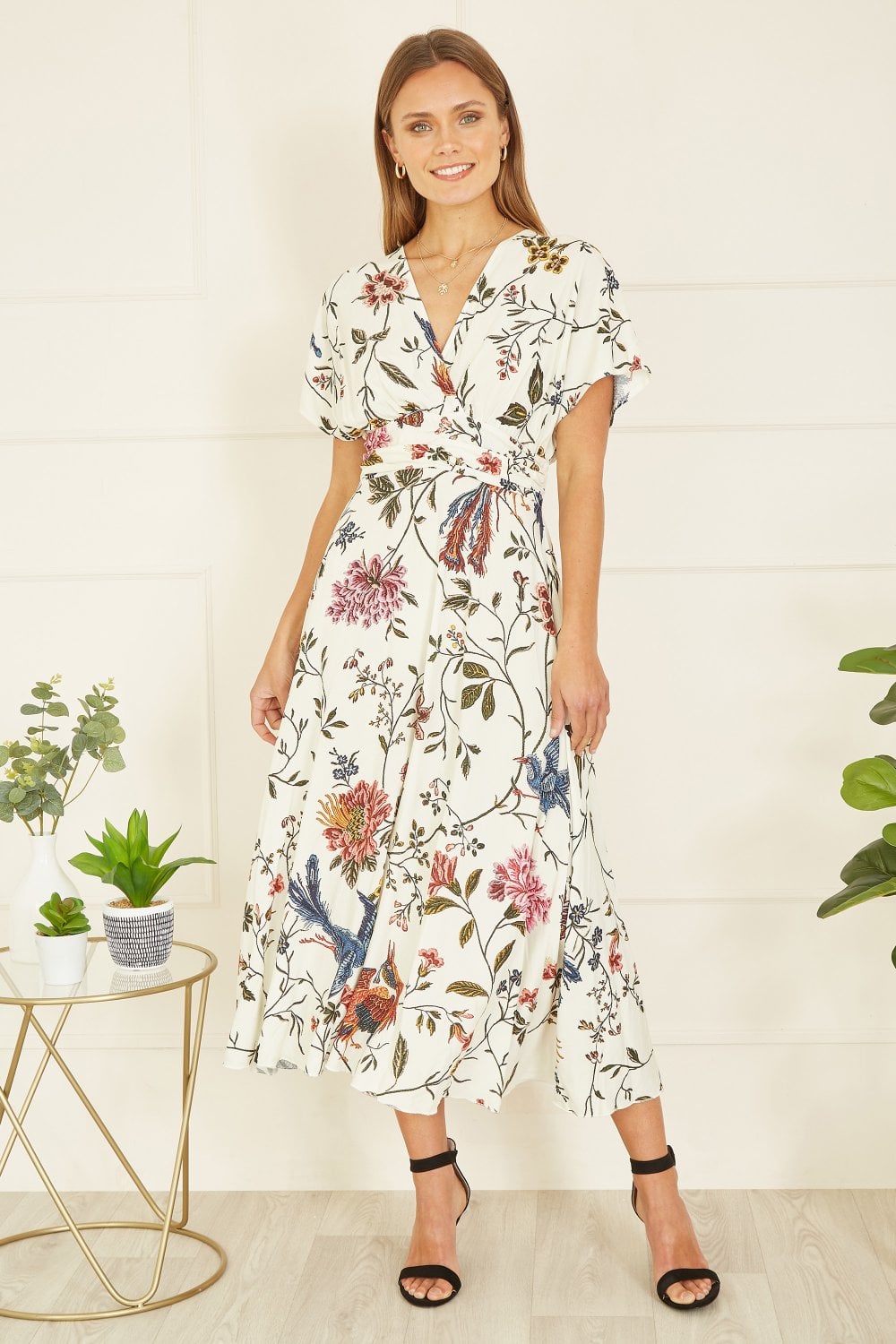 Yumi Ivory Bird and Floral Print Ruched Waist Kimono Midi Dress Yumi