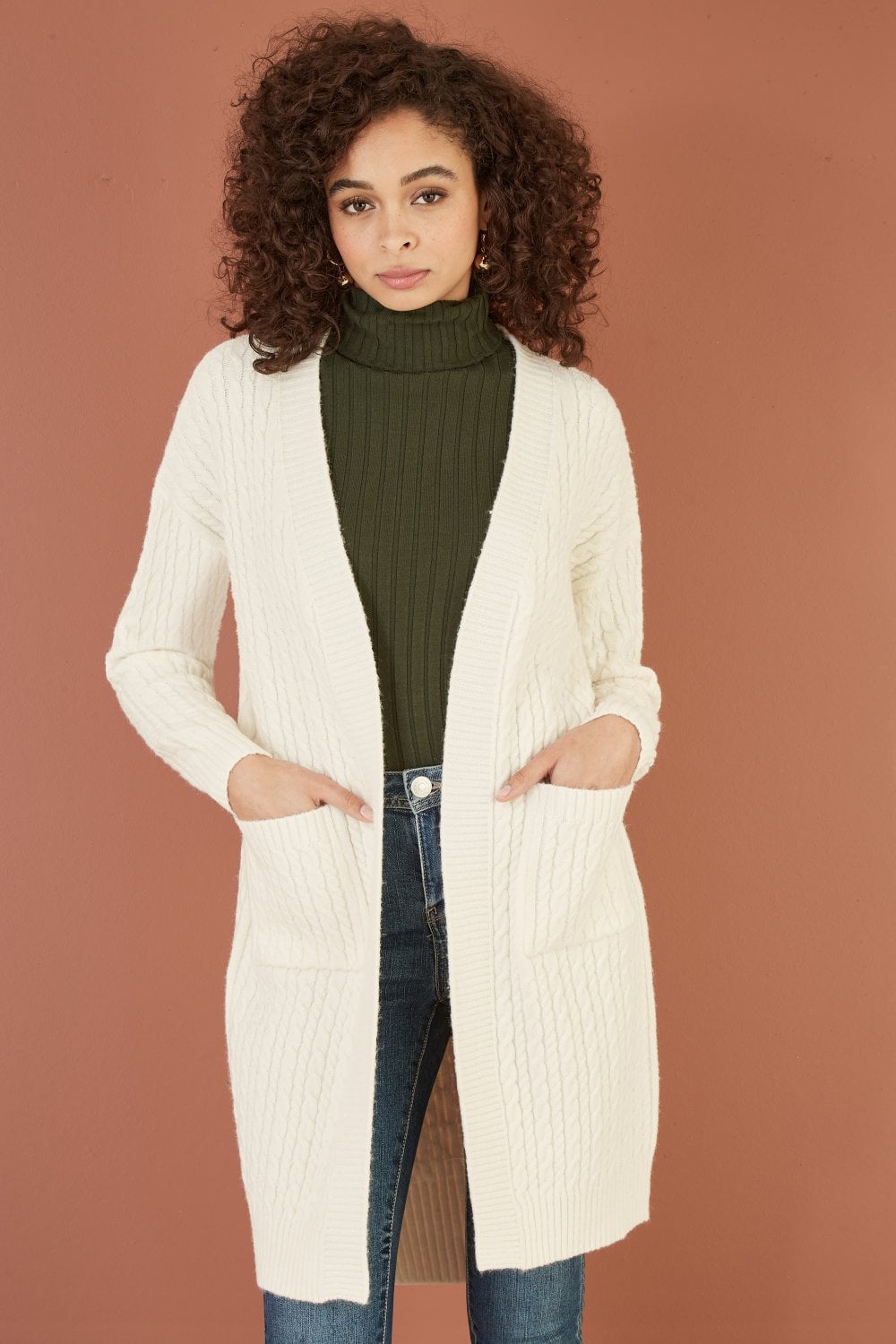 Yumi Ivory Cable Knit Edge to Edge Long Cardigan With Pockets Yumi