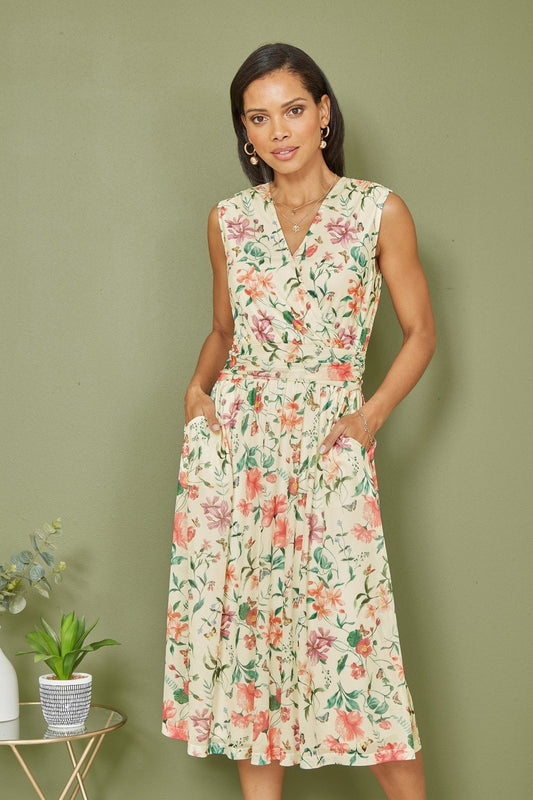 Yumi Ivory Floral Print Mesh Stretch Midi Dress With Pockets Yumi