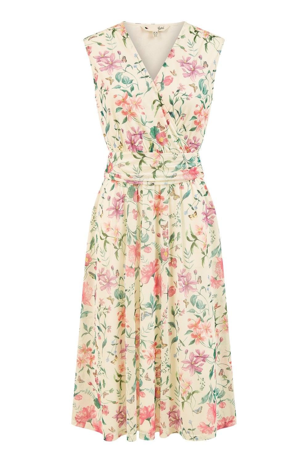 Yumi Ivory Floral Print Mesh Stretch Midi Dress With Pockets Yumi