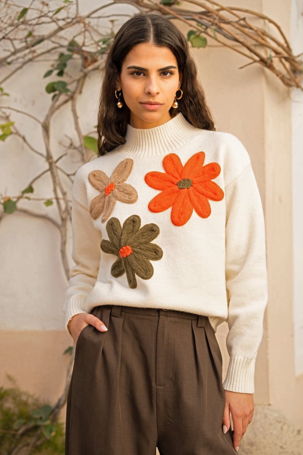 Yumi Ivory Knitted High Neck Jumper With Applique Flowers KNIT Cardi Yumi