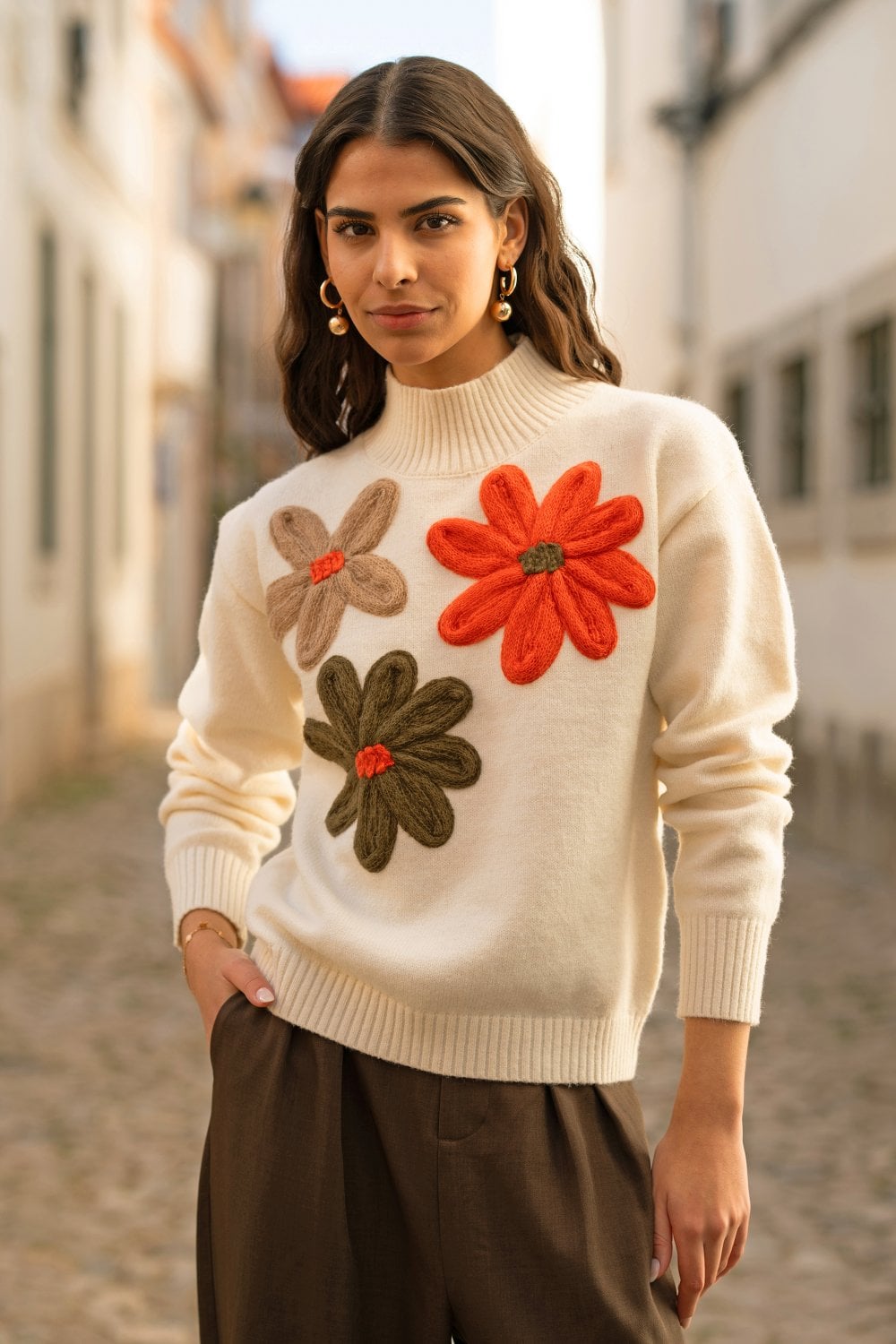 Yumi Ivory Knitted High Neck Jumper With Applique Flowers KNIT Cardi Yumi