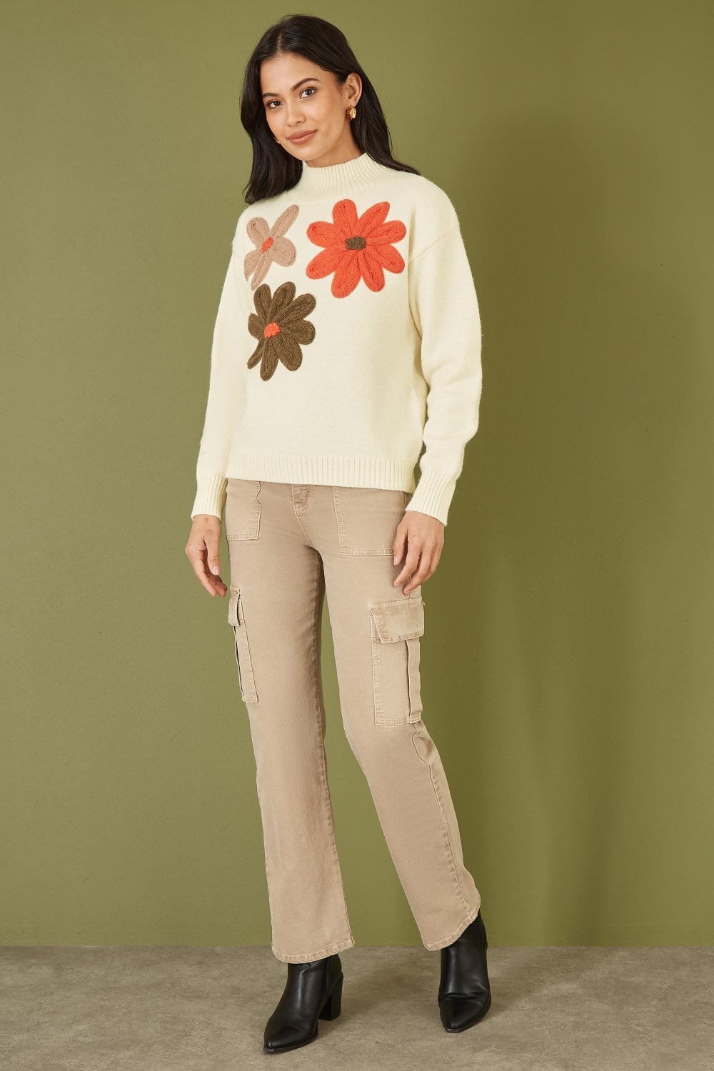 Yumi Ivory Knitted High Neck Jumper With Applique Flowers KNIT Cardi Yumi