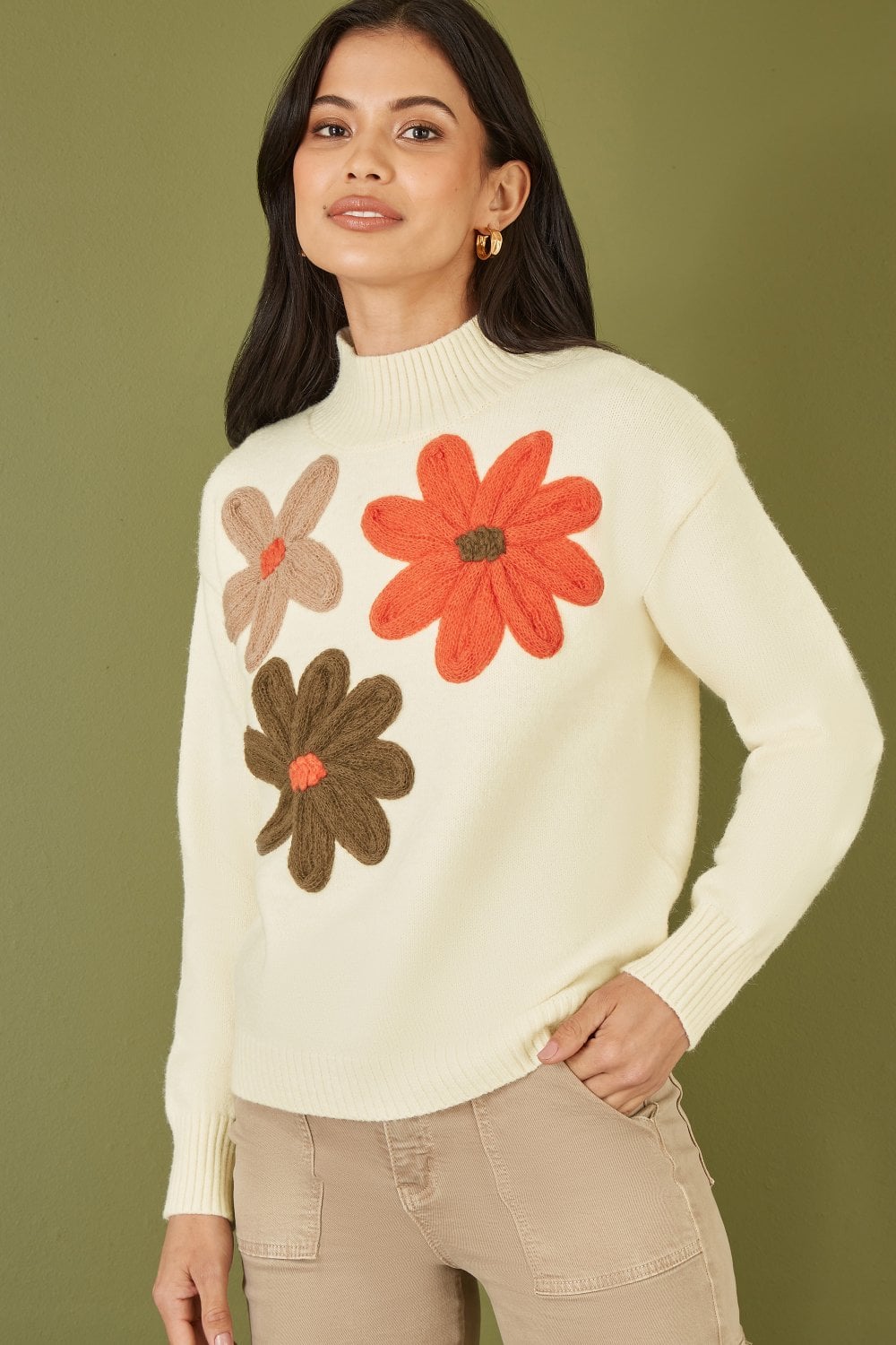 Yumi Ivory Knitted High Neck Jumper With Applique Flowers KNIT Cardi Yumi