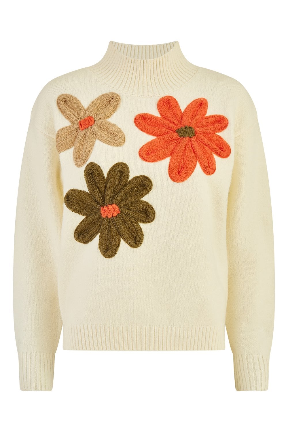 Yumi Ivory Knitted High Neck Jumper With Applique Flowers KNIT Cardi Yumi