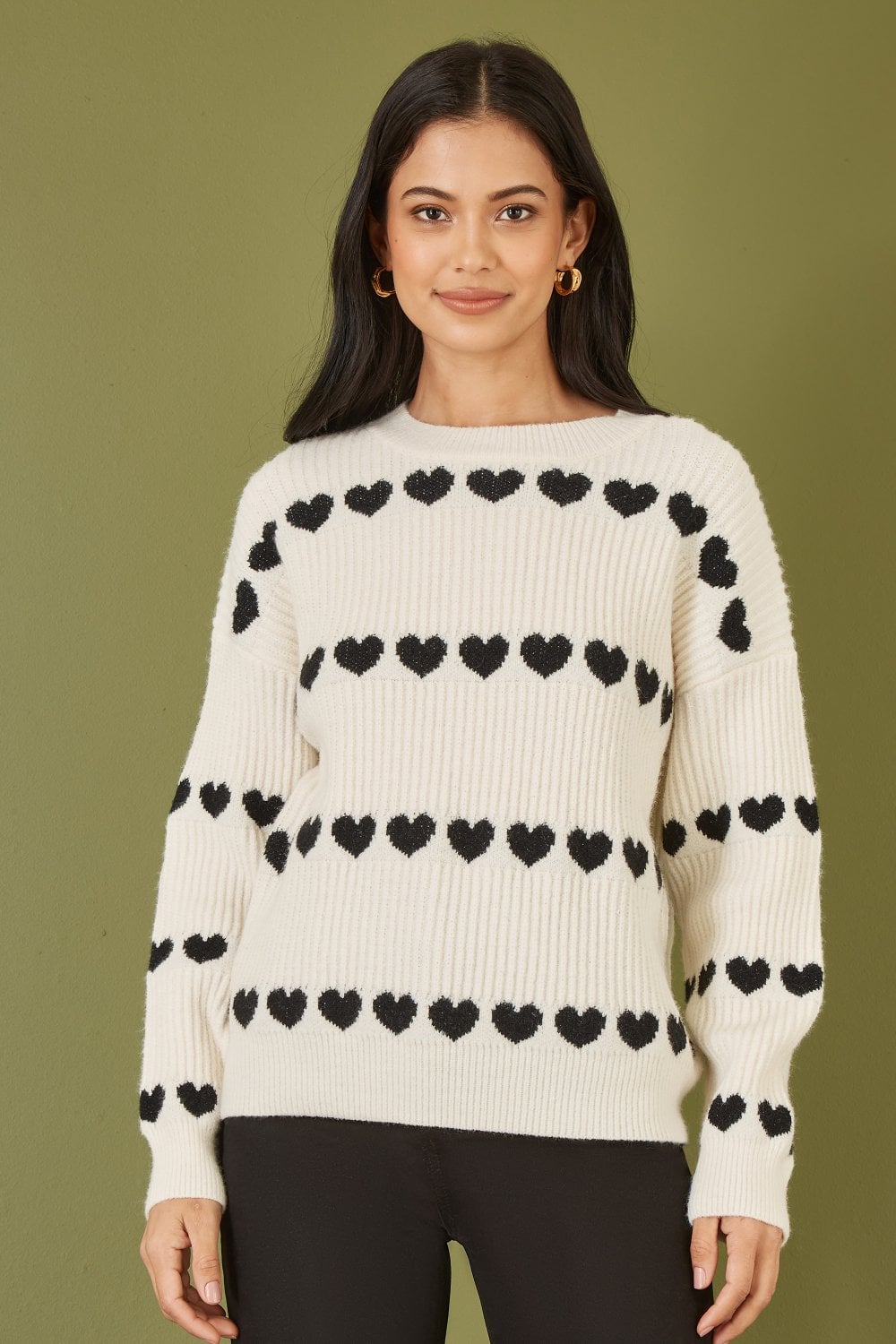 Yumi Ivory Knitted Jumper With Heart Stripes Yumi