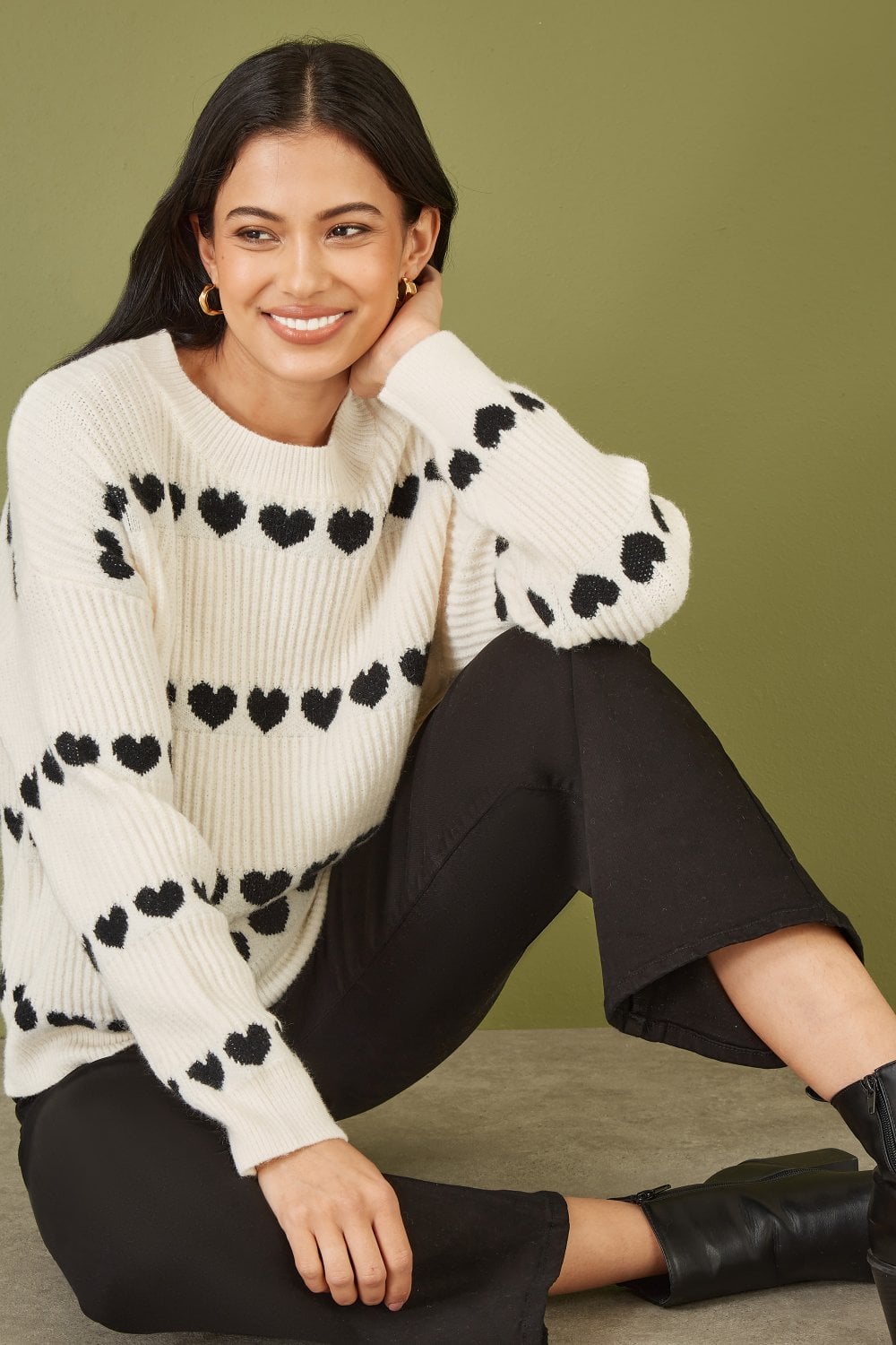 Yumi Ivory Knitted Jumper With Heart Stripes Yumi