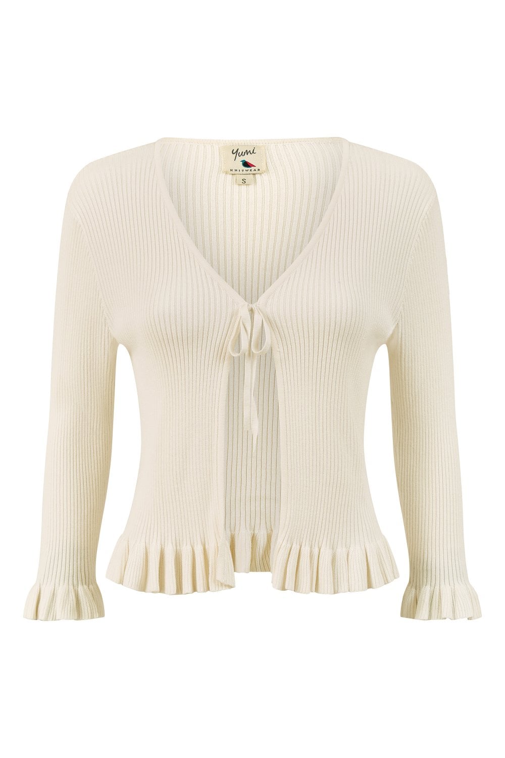 Yumi Ivory Tie Up Ribbed Cardigan With Frill Hem Yumi