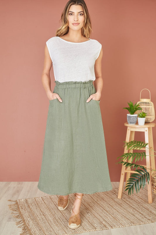 Yumi Khaki Italian Linen Midi Skirt With Pockets Yumi