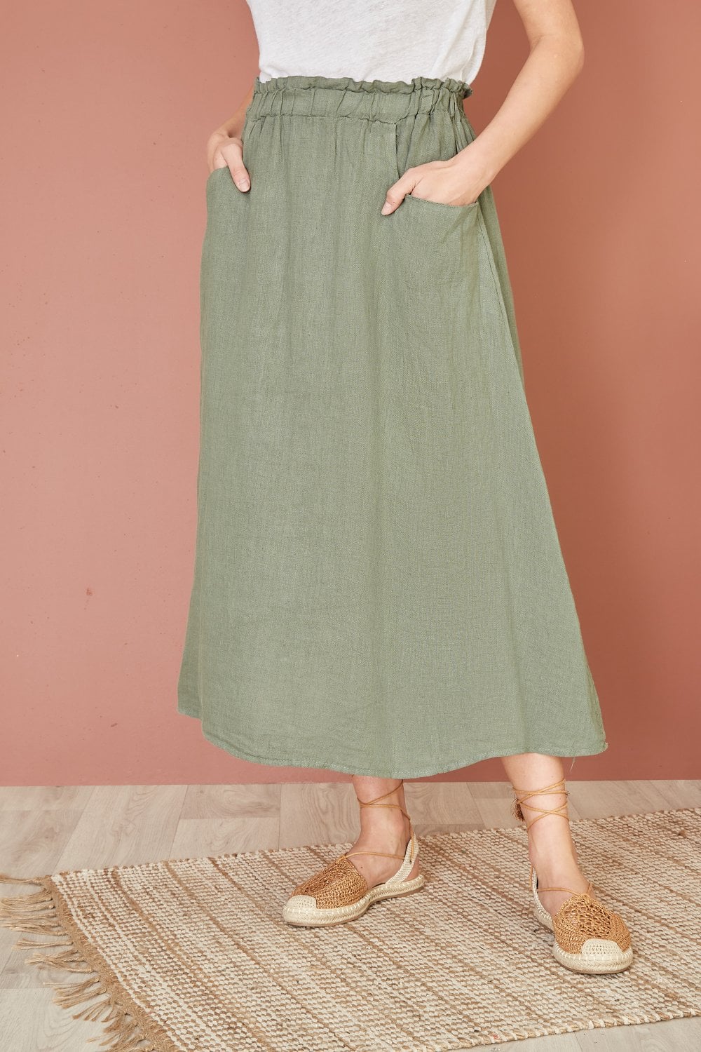 Yumi Khaki Italian Linen Midi Skirt With Pockets Yumi