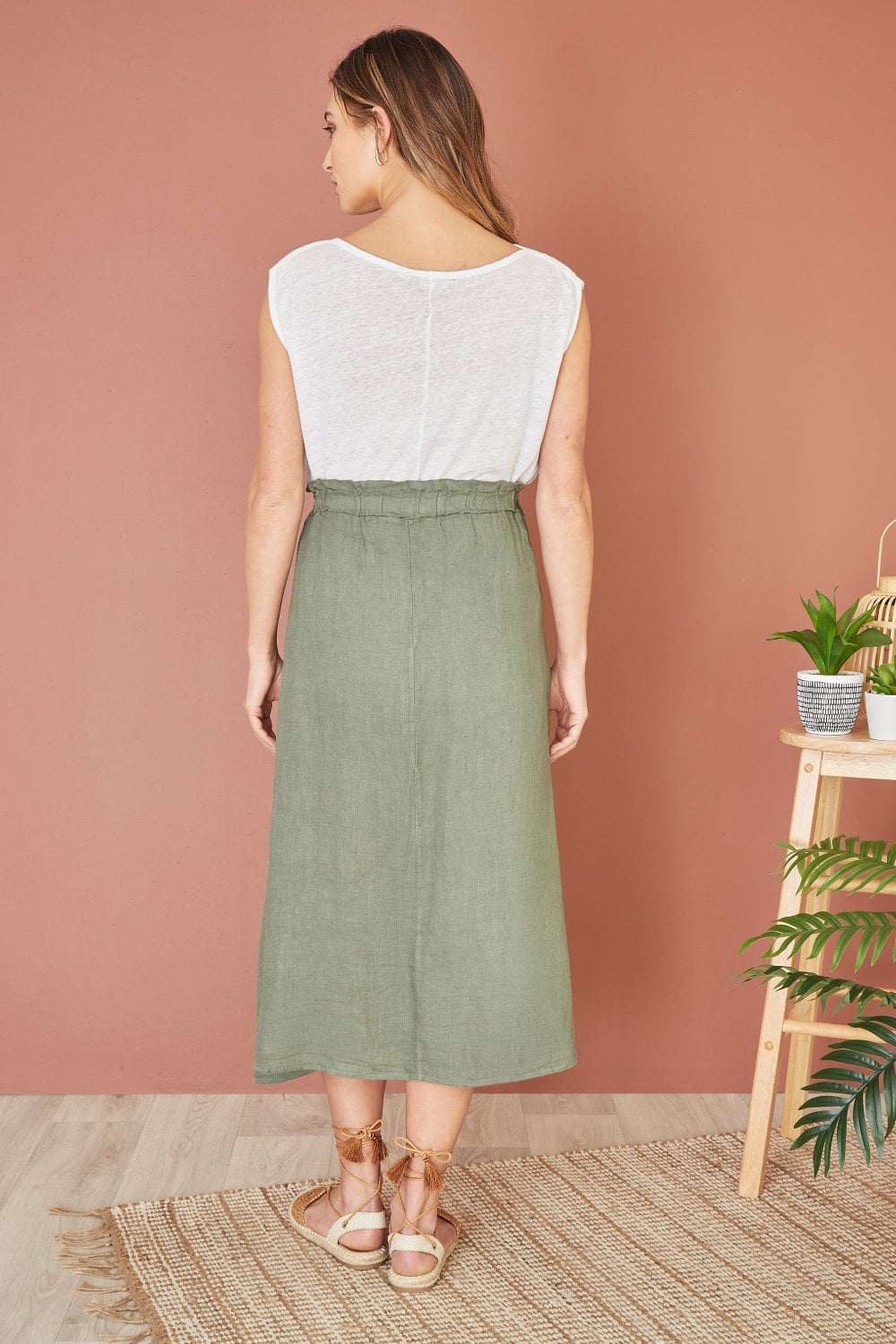 Yumi Khaki Italian Linen Midi Skirt With Pockets Yumi