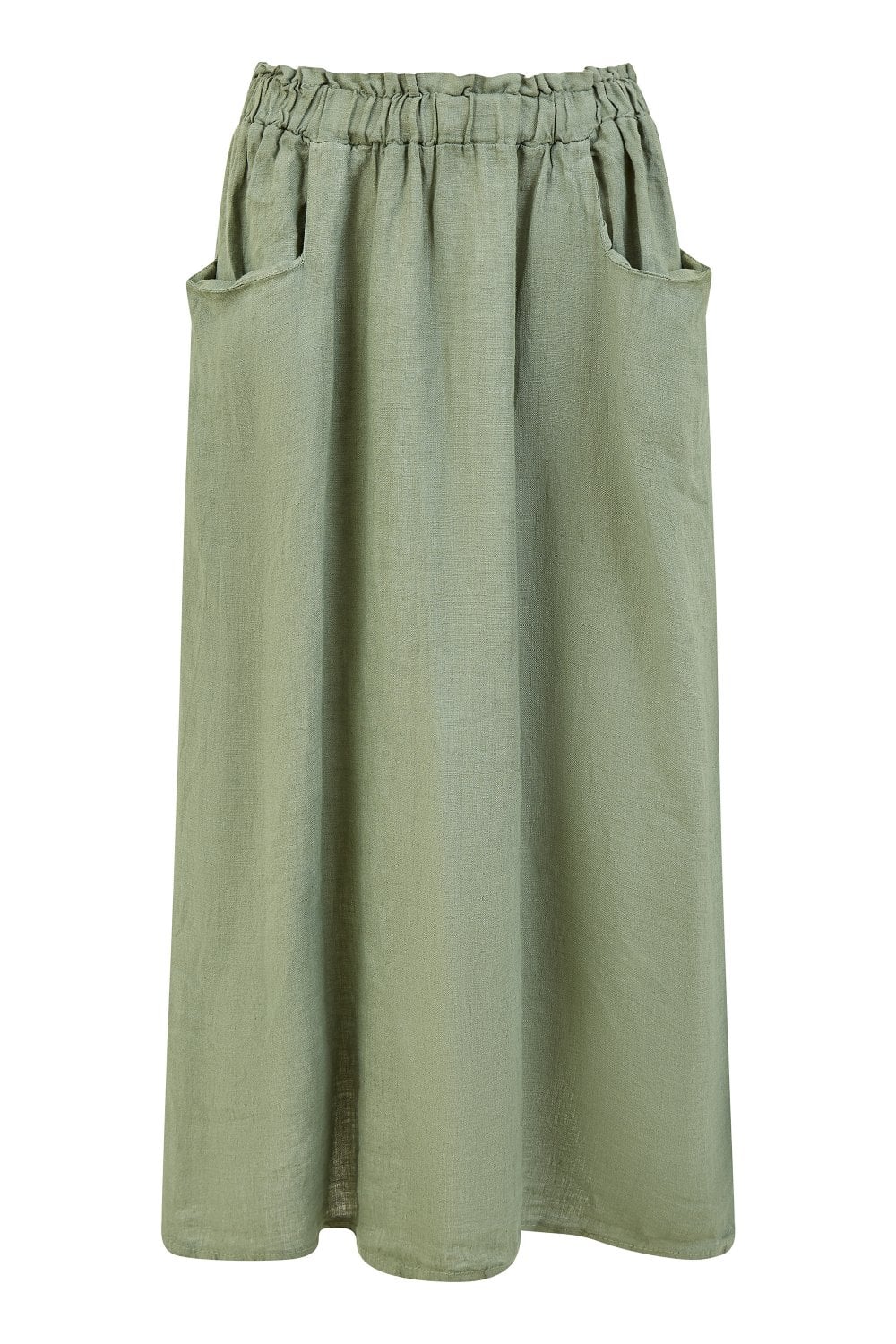 Yumi Khaki Italian Linen Midi Skirt With Pockets Yumi