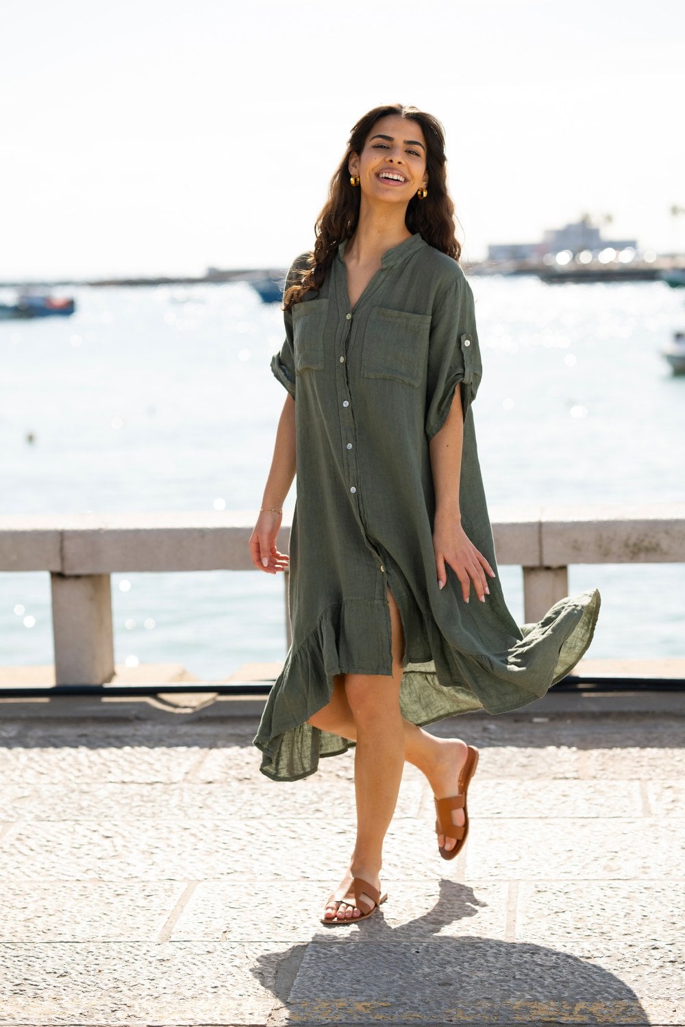 Yumi Khaki Italian Linen Shirt Dress With Frill Hem Yumi