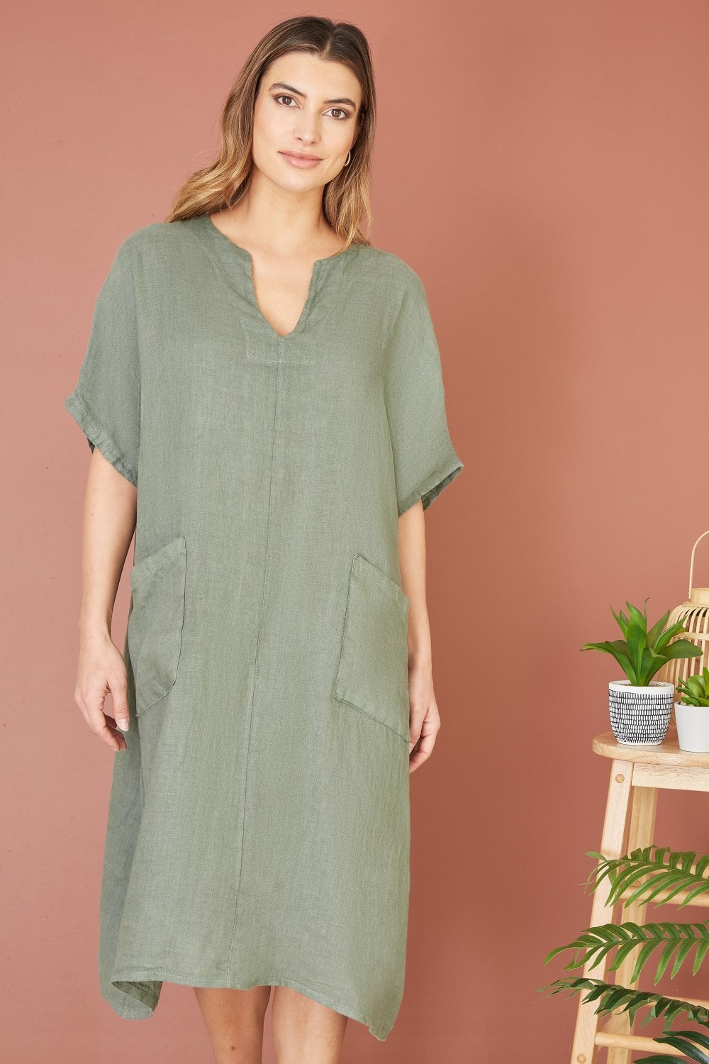 Yumi Khaki Italian Linen Tunic With Front Pockets Yumi