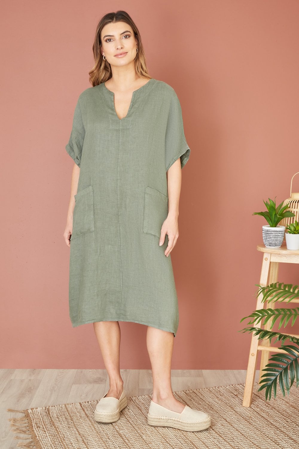 Yumi Khaki Italian Linen Tunic With Front Pockets Yumi