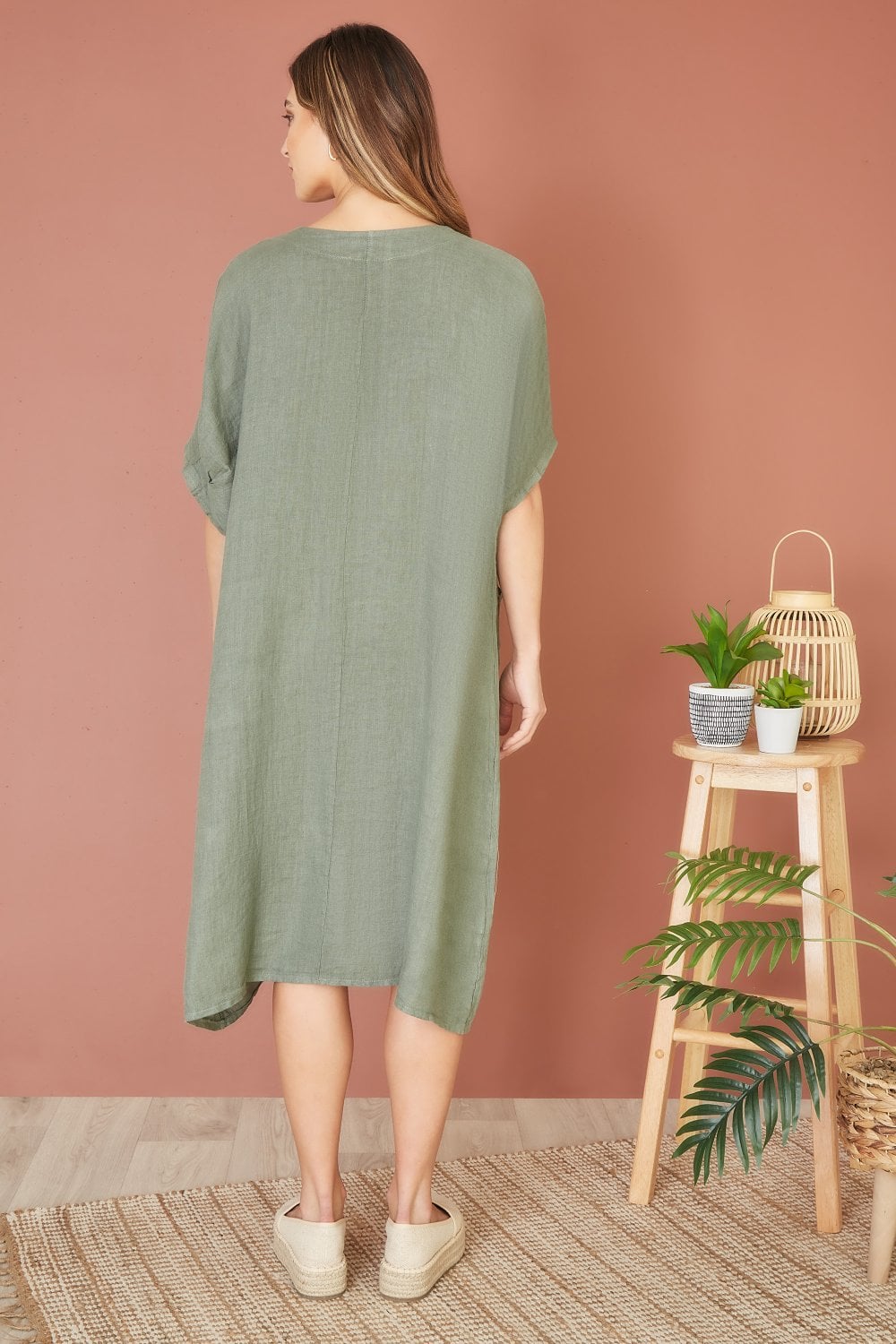 Yumi Khaki Italian Linen Tunic With Front Pockets Yumi