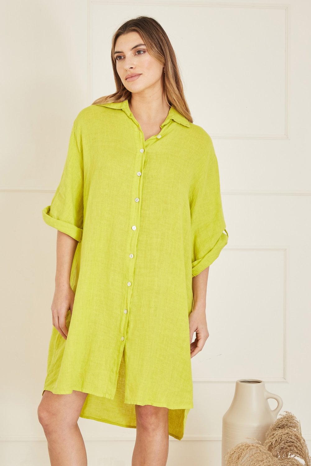 Yumi Lime Linen Relaxed Fit Longline Shirt Yumi